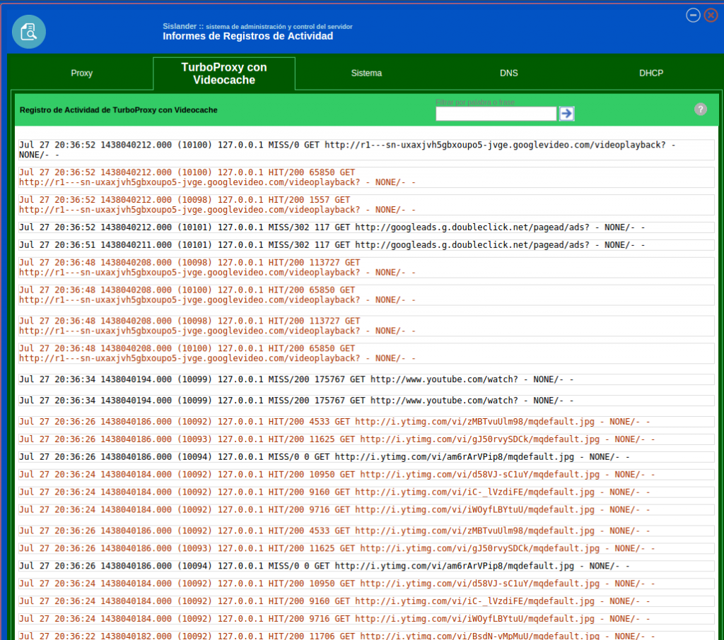 Monitoreo on-line de TurboProxy  a través del registro de actividad, con el contenido servido desde el cache (HITs) en rojo 
